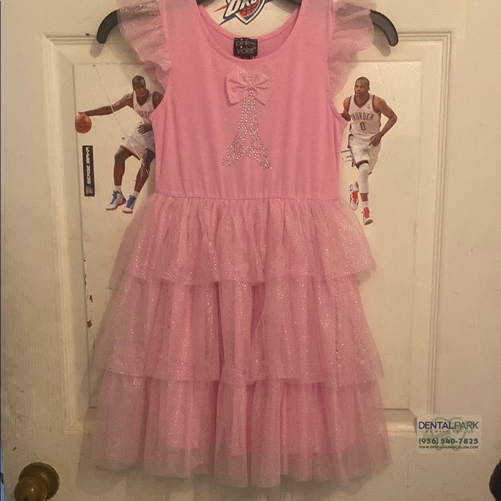 Pink Glittery Tiered Dress with Bow